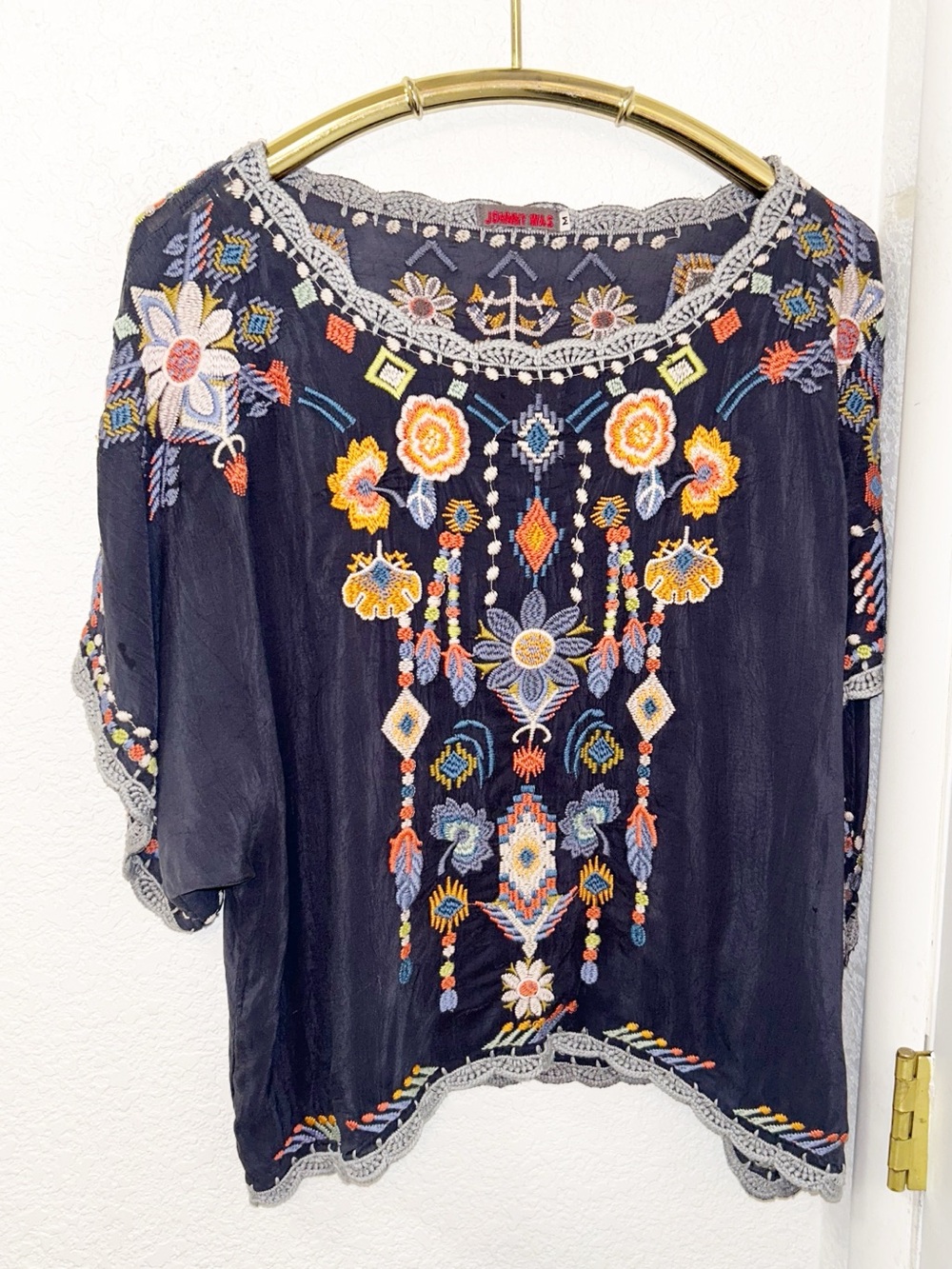 JOHNNY WAS The Soft Navy Gauzy Embroidered Floral Southwestern Blouse SZ: Medium